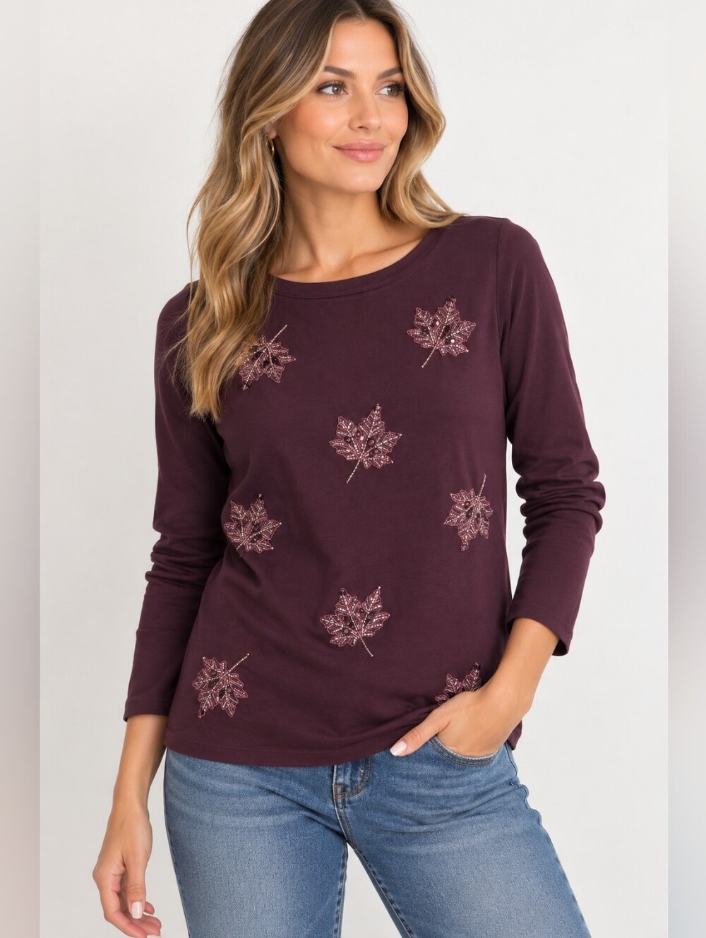 Talbots NWT Beaded Sequin Leaf Long Sleeve Tee Burgundy Plum Size M